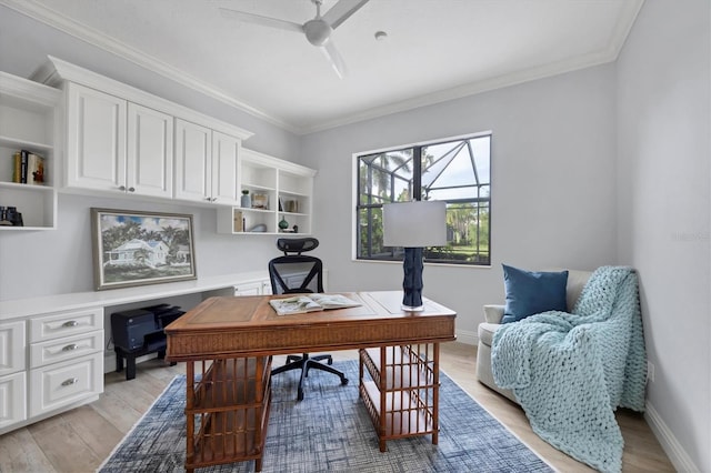 13818 Milan Ter, Lakewood Ranch, FL 34202 - office area with ceiling fan, light wood-style floors, and crown molding