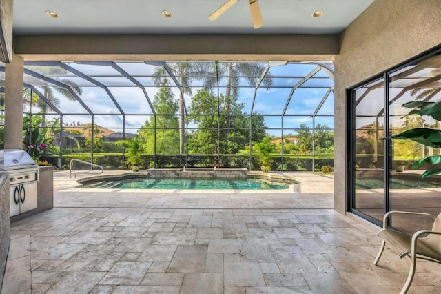 13818 Milan Ter, Lakewood Ranch, FL 34202 - outdoor pool with ceiling fan, a patio area, glass enclosure, and area for grilling