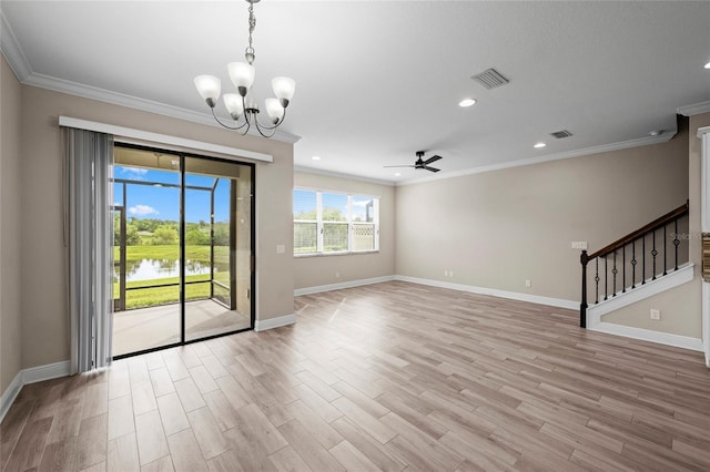 5174 78th St Cir E, Bradenton, FL 34203 - unfurnished living room featuring a chandelier, crown molding, stairway, light wood finished floors, and a ceiling fan
