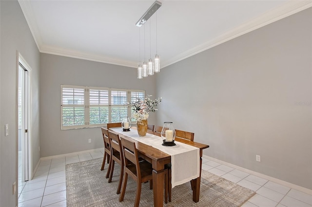 7868 Chick Evans Pl, Sarasota, FL 34240 - dining area with light tile patterned floors, ornamental molding, and a chandelier