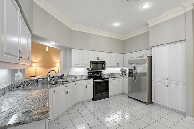 7868 Chick Evans Pl, Sarasota, FL 34240 - kitchen featuring stainless steel refrigerator with ice dispenser, electric range, black microwave, crown molding, and stone counters