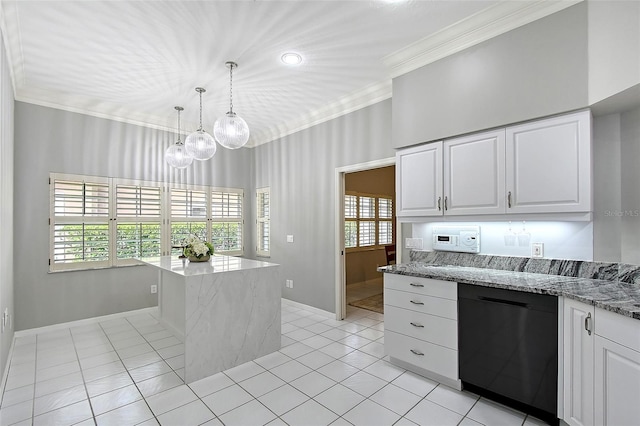 7868 Chick Evans Pl, Sarasota, FL 34240 - kitchen featuring dishwasher, ornamental molding, white cabinetry, light stone countertops, and hanging light fixtures