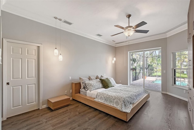 7868 Chick Evans Pl, Sarasota, FL 34240 - bedroom with access to outside, dark wood-style flooring, ornamental molding, and a ceiling fan