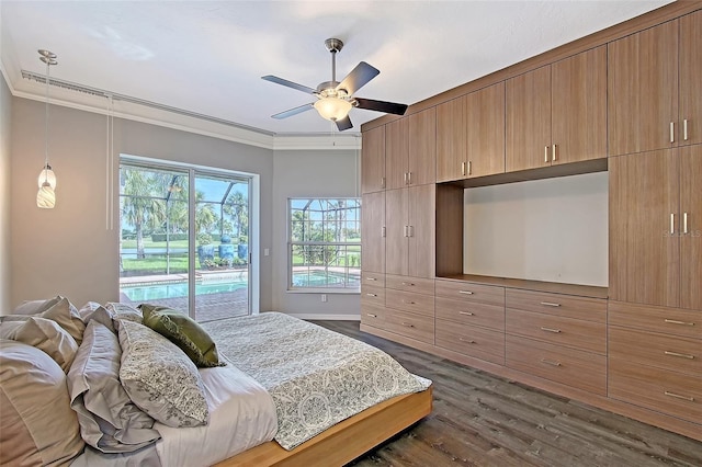 7868 Chick Evans Pl, Sarasota, FL 34240 - bedroom featuring access to exterior, ornamental molding, dark wood-style floors, and ceiling fan