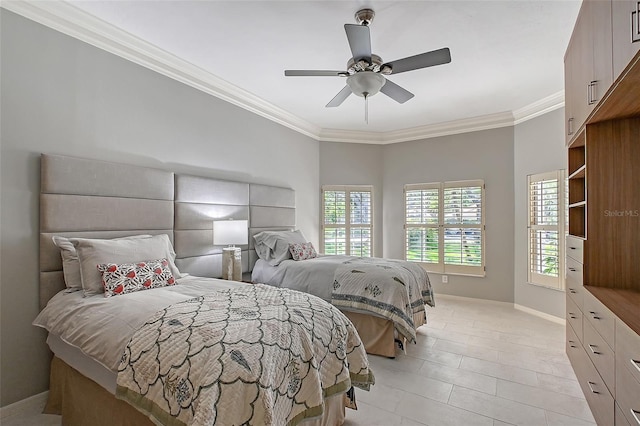 7868 Chick Evans Pl, Sarasota, FL 34240 - bedroom featuring ornamental molding, a ceiling fan, and light tile patterned floors