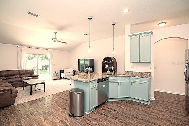 572 Sparrow Branch Cir, Saint Johns, FL 32259 - kitchen with dishwasher, open floor plan, a peninsula, dark wood finished floors, and ceiling fan