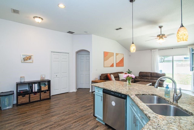 572 Sparrow Branch Cir, Saint Johns, FL 32259 - kitchen featuring dishwasher, blue cabinetry, open floor plan, dark wood-type flooring, and vaulted ceiling