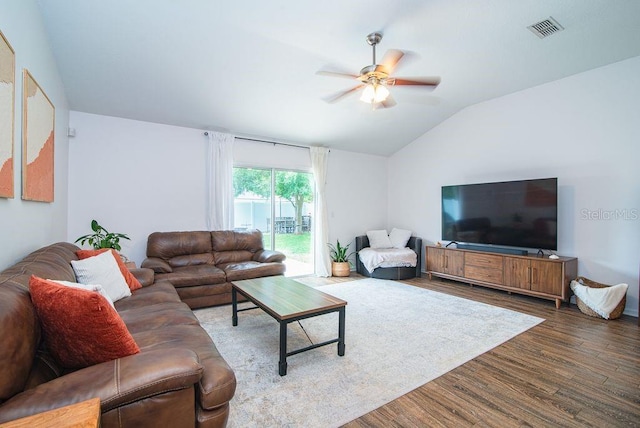 572 Sparrow Branch Cir, Saint Johns, FL 32259 - living room featuring vaulted ceiling, wood finished floors, and a ceiling fan