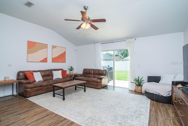 572 Sparrow Branch Cir, Saint Johns, FL 32259 - living area featuring wood finished floors, ceiling fan, and lofted ceiling