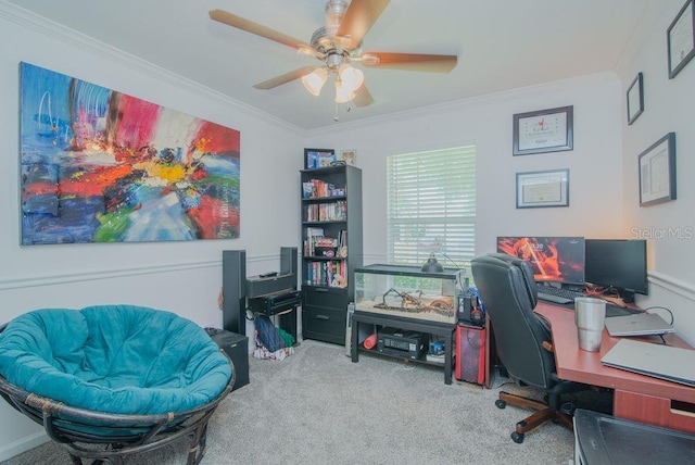 572 Sparrow Branch Cir, Saint Johns, FL 32259 - home office with carpet, ornamental molding, and ceiling fan