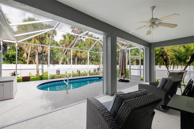 5242 Abdella Ln, North Port, FL 34291 - view of swimming pool featuring a fenced backyard, a patio, and a ceiling fan