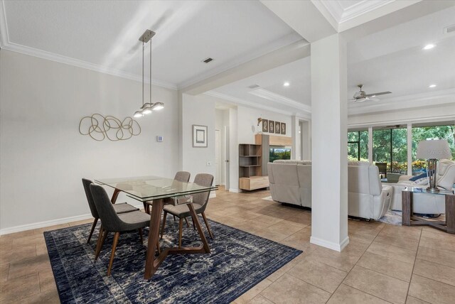 12215 Goldenrod Ave, Bradenton, FL 34212 - dining room featuring crown molding, ceiling fan, light tile patterned floors, and recessed lighting