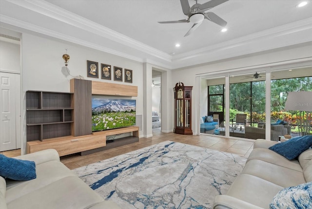 12215 Goldenrod Ave, Bradenton, FL 34212 - living room featuring ceiling fan, crown molding, and recessed lighting