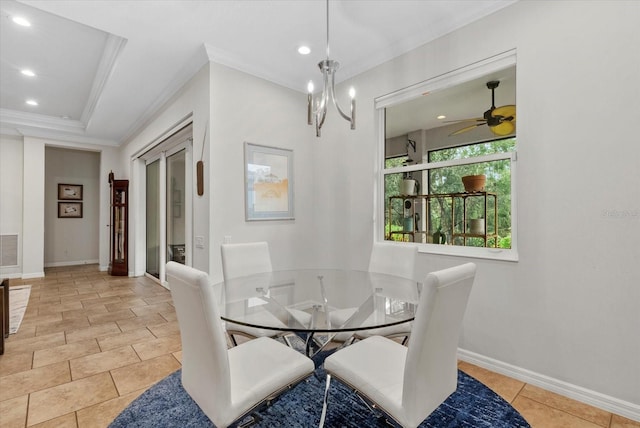 12215 Goldenrod Ave, Bradenton, FL 34212 - dining room with ornamental molding, recessed lighting, a chandelier, ceiling fan, and light tile patterned floors