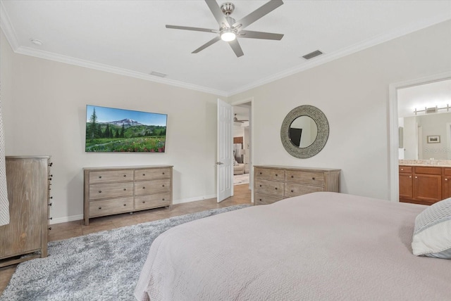 12215 Goldenrod Ave, Bradenton, FL 34212 - bedroom with ornamental molding, ensuite bath, a ceiling fan, and tile patterned floors