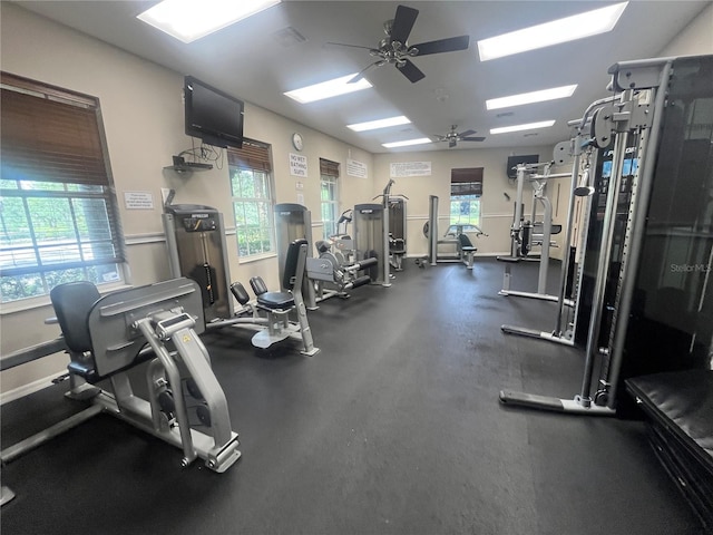 12215 Goldenrod Ave, Bradenton, FL 34212 - gym with a ceiling fan and a skylight