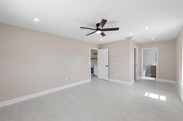 3136 Webber St, Sarasota, FL 34239 - unfurnished bedroom featuring recessed lighting, light wood-style flooring, ensuite bathroom, and ceiling fan