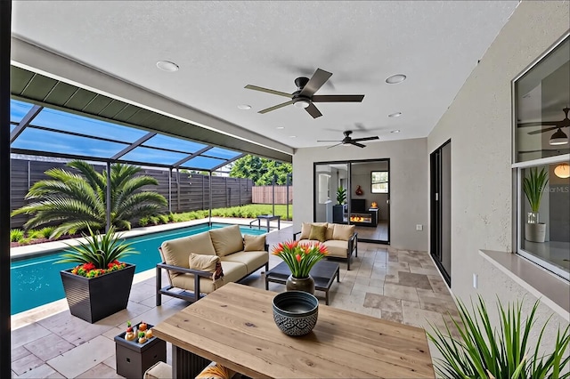 3136 Webber St, Sarasota, FL 34239 - view of patio featuring an outdoor living space, ceiling fan, and glass enclosure