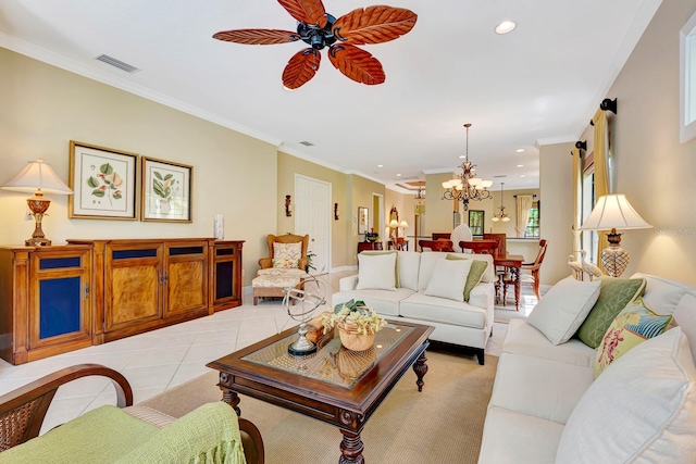 7314 Wexford Ct, Lakewood Ranch, FL 34202 - living room featuring a chandelier, recessed lighting, light tile patterned floors, ornamental molding, and a barn door