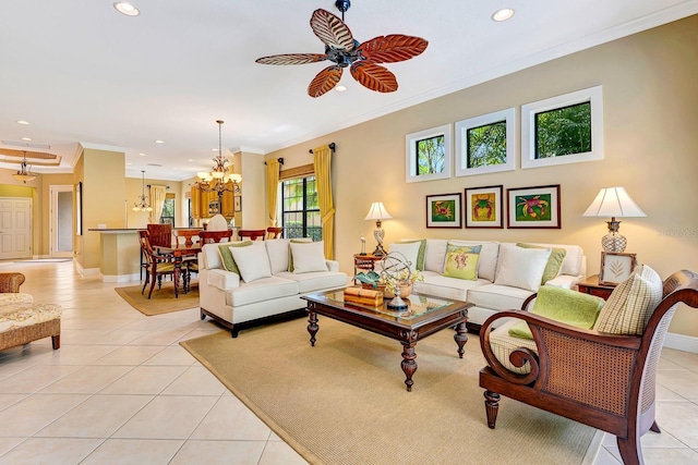 7314 Wexford Ct, Lakewood Ranch, FL 34202 - living area featuring light tile patterned flooring, crown molding, ceiling fan, recessed lighting, and a chandelier