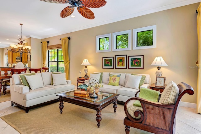 7314 Wexford Ct, Lakewood Ranch, FL 34202 - living room featuring light tile patterned flooring, a ceiling fan, a chandelier, crown molding, and recessed lighting