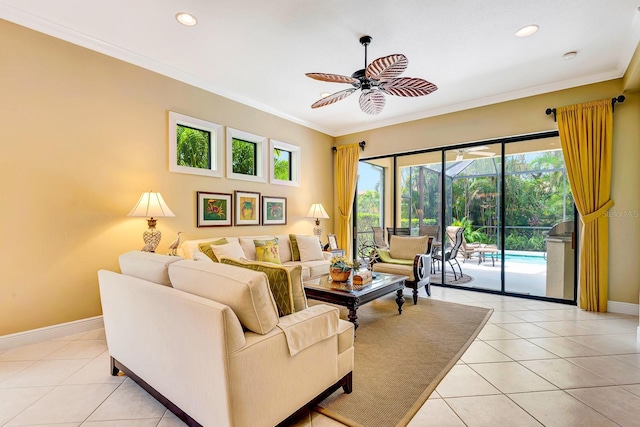 7314 Wexford Ct, Lakewood Ranch, FL 34202 - living room featuring ceiling fan, light tile patterned flooring, crown molding, and recessed lighting