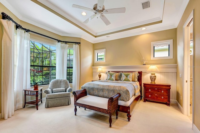 7314 Wexford Ct, Lakewood Ranch, FL 34202 - carpeted bedroom featuring ornamental molding, a tray ceiling, ceiling fan, and recessed lighting