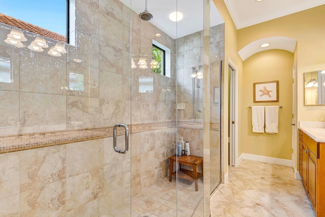 7314 Wexford Ct, Lakewood Ranch, FL 34202 - bathroom with vanity, a shower stall, and marble finish flooring