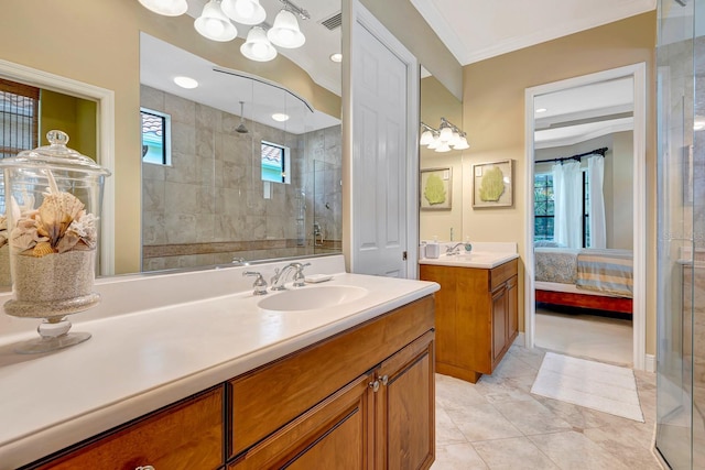 7314 Wexford Ct, Lakewood Ranch, FL 34202 - bathroom featuring a stall shower, vanity, ornamental molding, and ensuite bath
