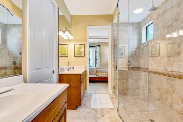 7314 Wexford Ct, Lakewood Ranch, FL 34202 - bathroom featuring a shower stall, two vanities, crown molding, ensuite bathroom, and tile patterned flooring