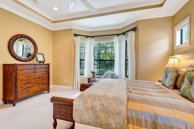 7314 Wexford Ct, Lakewood Ranch, FL 34202 - bedroom with a tray ceiling, crown molding, ceiling fan, carpet flooring, and recessed lighting