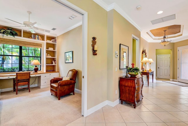 7314 Wexford Ct, Lakewood Ranch, FL 34202 - hall featuring ornamental molding, an office area, built in features, light tile patterned floors, and recessed lighting