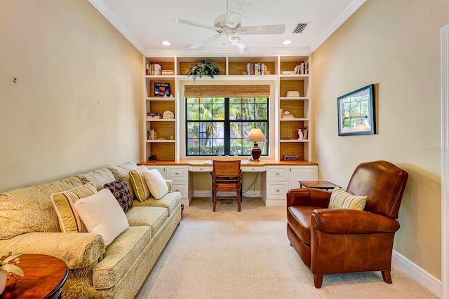 7314 Wexford Ct, Lakewood Ranch, FL 34202 - office with built in study area, light colored carpet, crown molding, ceiling fan, and built in features