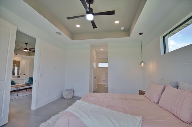 366 Fordham Rd, Venice, FL 34293 - bedroom featuring multiple windows, stainless steel refrigerator, recessed lighting, connected bathroom, and ceiling fan