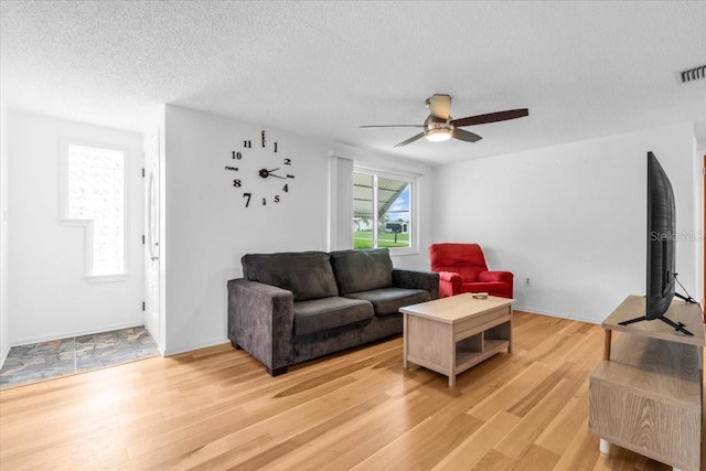 5401 Mac Arthur Ave, New Port Richey, FL 34652 - living room featuring light wood-style floors, a ceiling fan, and a textured ceiling