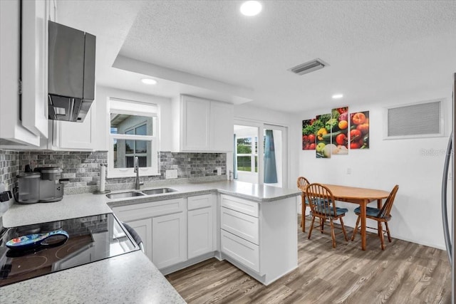 5401 Mac Arthur Ave, New Port Richey, FL 34652 - kitchen featuring a textured ceiling, light countertops, backsplash, white cabinets, and a peninsula