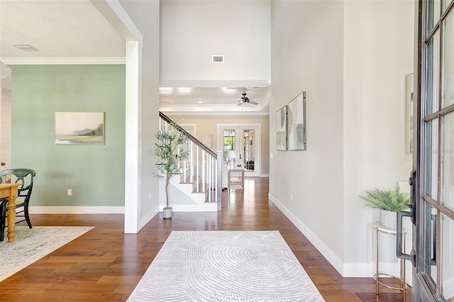 1906 143rd Ct E, Bradenton, FL 34212 - entrance foyer with stairs, ornamental molding, wood finished floors, french doors, and ceiling fan