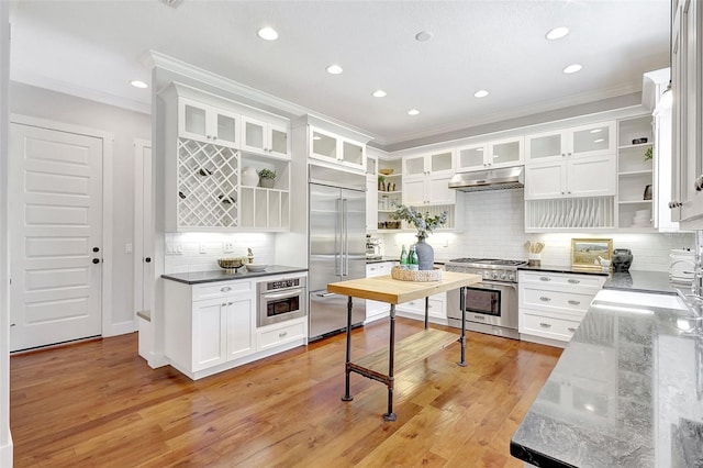 1906 143rd Ct E, Bradenton, FL 34212 - kitchen featuring high quality appliances, under cabinet range hood, ornamental molding, open shelves, and tasteful backsplash