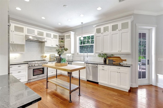1906 143rd Ct E, Bradenton, FL 34212 - kitchen with appliances with stainless steel finishes, under cabinet range hood, crown molding, white cabinetry, and decorative backsplash