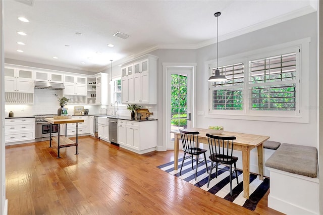 1906 143rd Ct E, Bradenton, FL 34212 - kitchen featuring stainless steel appliances, crown molding, light wood-style flooring, tasteful backsplash, and under cabinet range hood