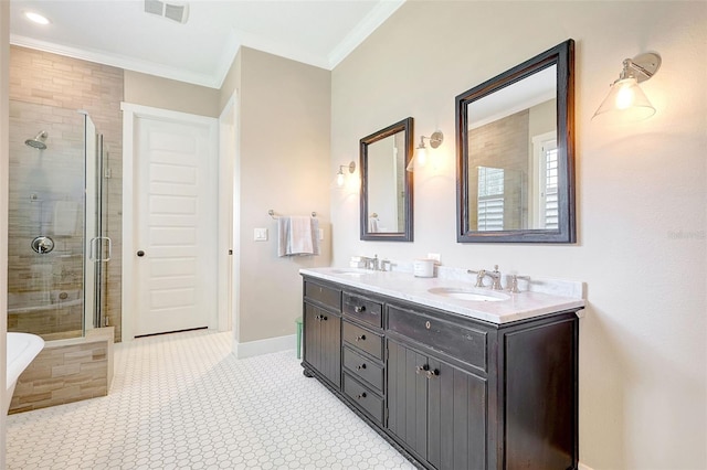 1906 143rd Ct E, Bradenton, FL 34212 - full bathroom featuring double vanity, ornamental molding, a shower stall, and a soaking tub