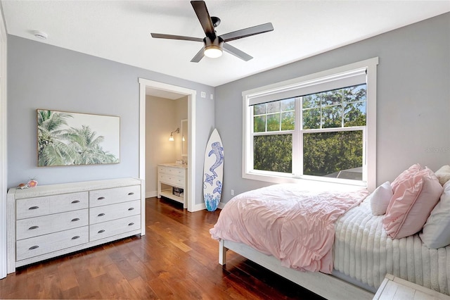 1906 143rd Ct E, Bradenton, FL 34212 - bedroom featuring dark wood-type flooring, ensuite bath, and a ceiling fan