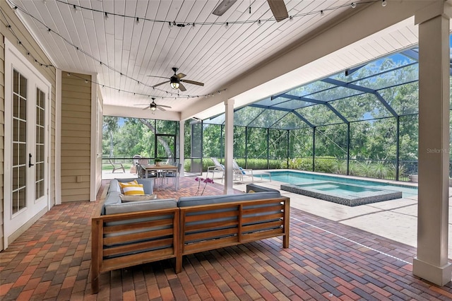 1906 143rd Ct E, Bradenton, FL 34212 - view of patio / terrace with a ceiling fan, french doors, an outdoor pool, and an in-ground hot tub