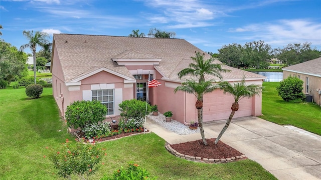 4539 Cabbage Key Ter, Bradenton, FL 34203 - view of front facade featuring an attached garage, stucco siding, driveway, roof with shingles, and a front yard