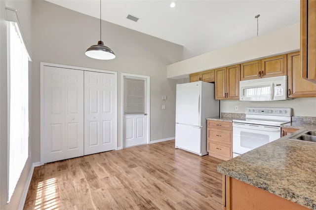 4539 Cabbage Key Ter, Bradenton, FL 34203 - kitchen featuring white appliances, high vaulted ceiling, light wood finished floors, hanging light fixtures, and light countertops
