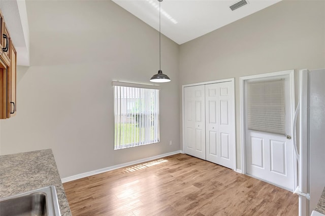 4539 Cabbage Key Ter, Bradenton, FL 34203 - unfurnished dining area with high vaulted ceiling and light wood-style flooring