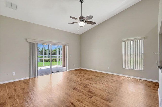 4539 Cabbage Key Ter, Bradenton, FL 34203 - empty room featuring a ceiling fan, light wood finished floors, and high vaulted ceiling