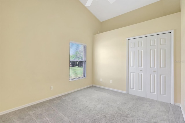 4539 Cabbage Key Ter, Bradenton, FL 34203 - unfurnished bedroom featuring carpet floors, a closet, high vaulted ceiling, and ceiling fan