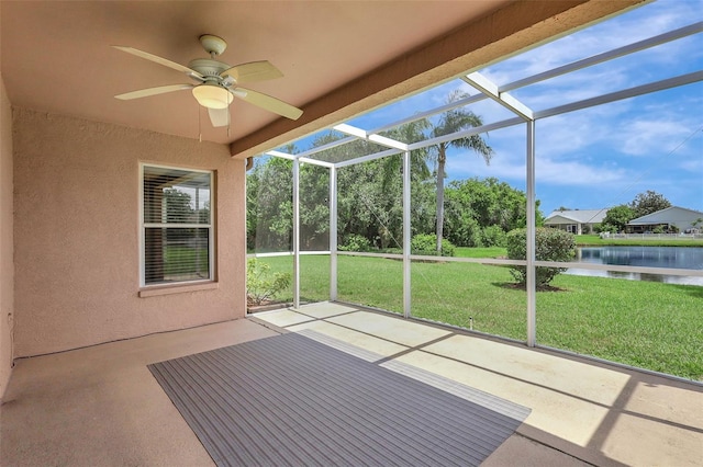 4539 Cabbage Key Ter, Bradenton, FL 34203 - unfurnished sunroom with a water view and ceiling fan