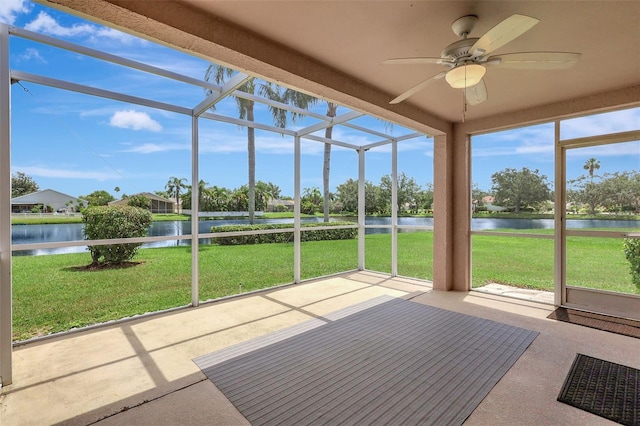 4539 Cabbage Key Ter, Bradenton, FL 34203 - unfurnished sunroom with a water view and a ceiling fan